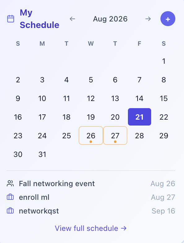 Calendar widget with Follow Up on Applications sidebar