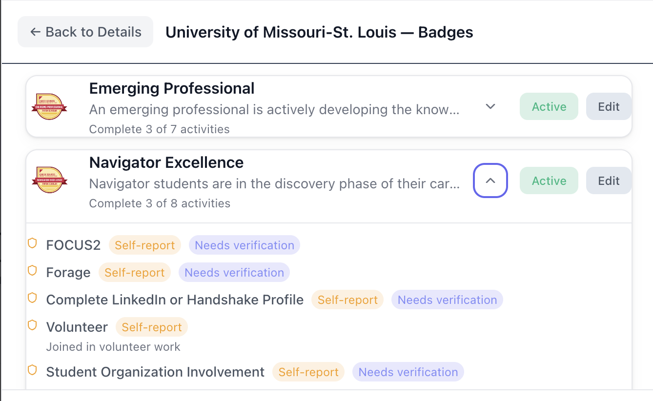 University of Missouri&ndash;St. Louis custom badge admin showing Emerging Professional and Navigator Excellence programs with qualifying activities