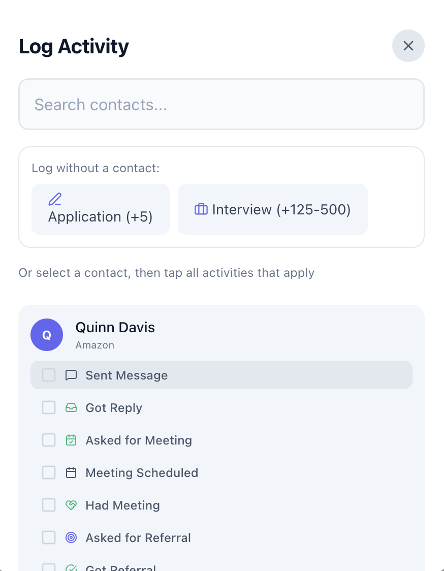 Quick Actions panel with log buttons for messages, meetings, and outreach