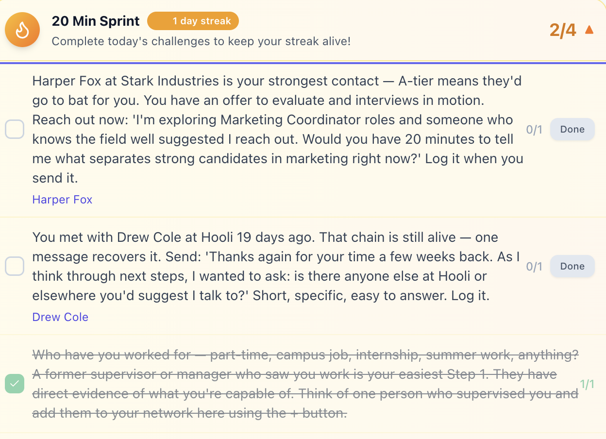 Sprint view showing focused networking actions for a 20-minute session