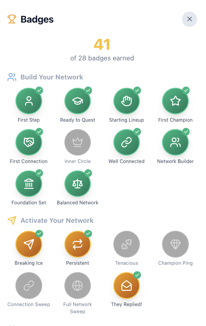 Badge and XP system showing achievement levels and networking milestones