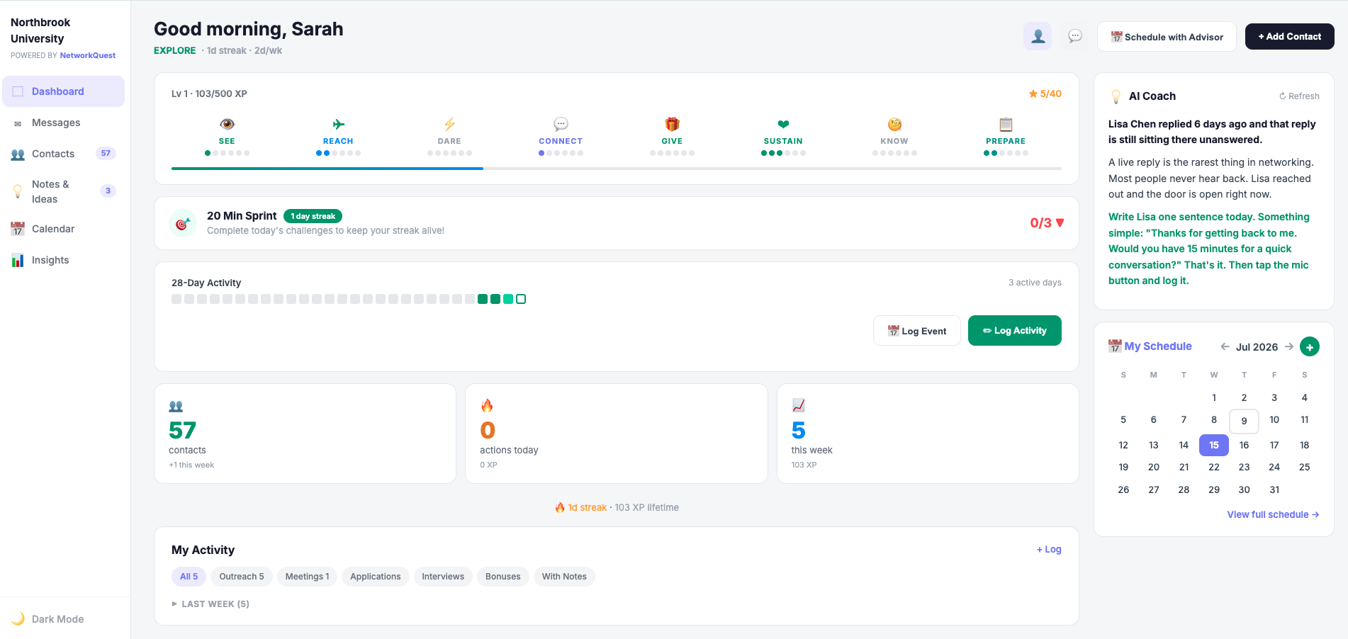 NetworkQuest student dashboard